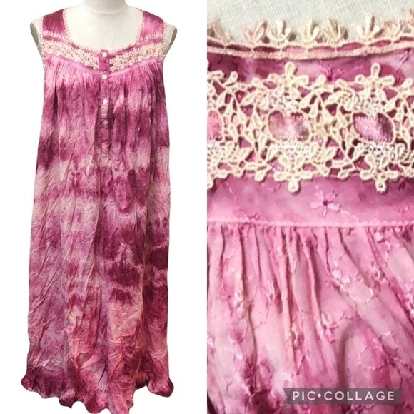 Vintage Embroidered Floral Tie Dye Lace Midi Dress Size Large Pink - Picture 1 of 9
